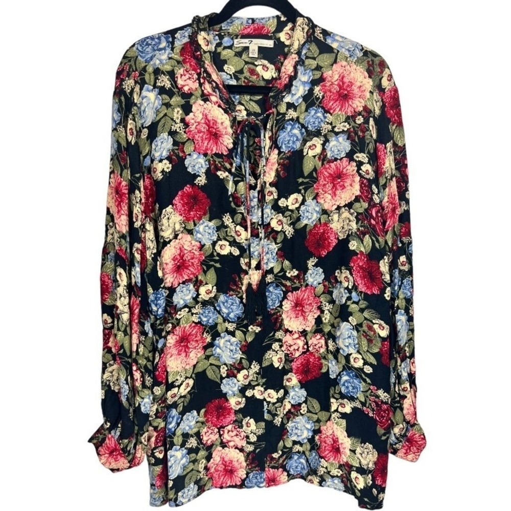 Seven 7 Womens Floral Long Sleeve Ruffle Neck Tie Popover Blouse‎ Top Size 2X